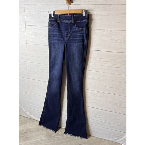 Spanx Jeans Womens Size Small Tall Blue Bootcut Flare Raw Hem Midnight Shade - Picture 4 of 16